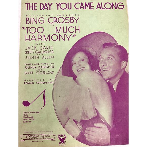 The Day You Came Along Sheet Music 1933 Too Much Harmony Bing Crosby - Picture 2 of 5